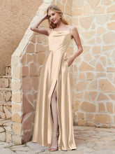 A-line Cowl Neck Satin Dress with Slit Champagne