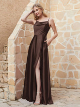 A-line Cowl Neck Satin Dress with Slit Chocolate