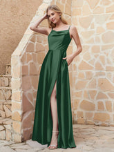 A-line Cowl Neck Satin Dress with Slit Dark Green
