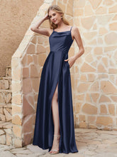 A-line Cowl Neck Satin Dress with Slit Dark Navy