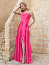 A-line Cowl Neck Satin Dress with Slit Fuchsia