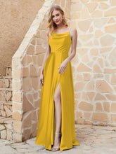 A-line Cowl Neck Satin Dress with Slit Marigold