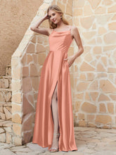 A-line Cowl Neck Satin Dress with Slit Papaya