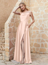 A-line Cowl Neck Satin Dress with Slit Pearl Pink