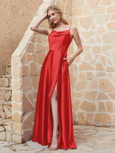 A-line Cowl Neck Satin Dress with Slit Red