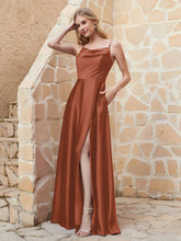 A-line Cowl Neck Satin Dress with Slit Rust