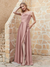 A-line Cowl Neck Satin Dress with Slit Vintage Mauve