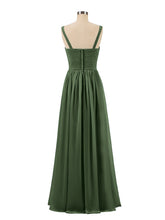 V neck Chiffon Long Dresses with Straps Olive Green