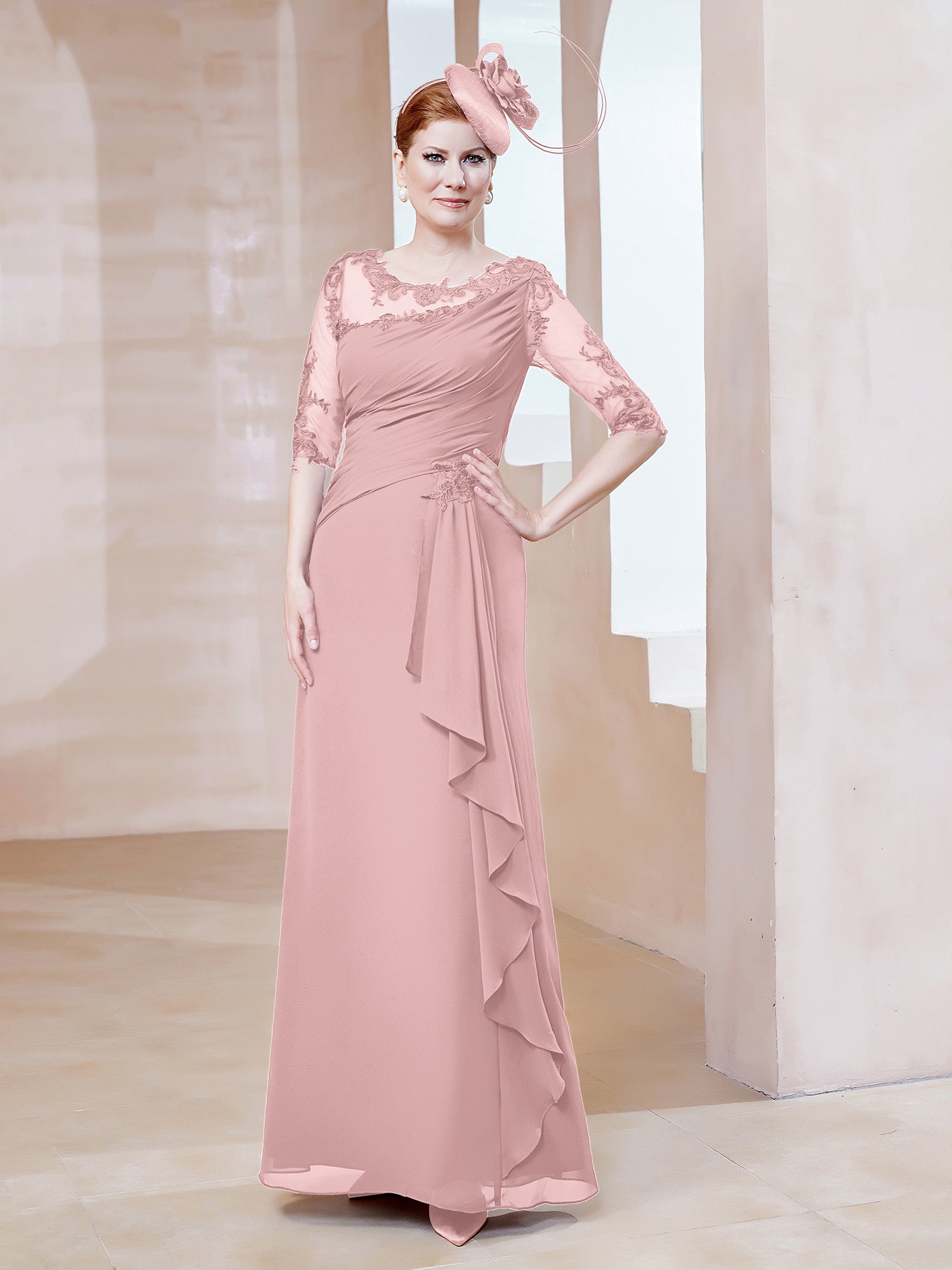 Full Length Dress with ILLusion NECK Dusty Rose main image 0