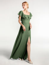 Square Neck Maxi Chiffon Dress with Front Slit Olive Green