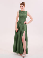 Lace And Chiffon Long Dress with Slit Olive Green