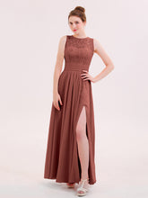 Lace And Chiffon Long Dress with Slit Terracotta