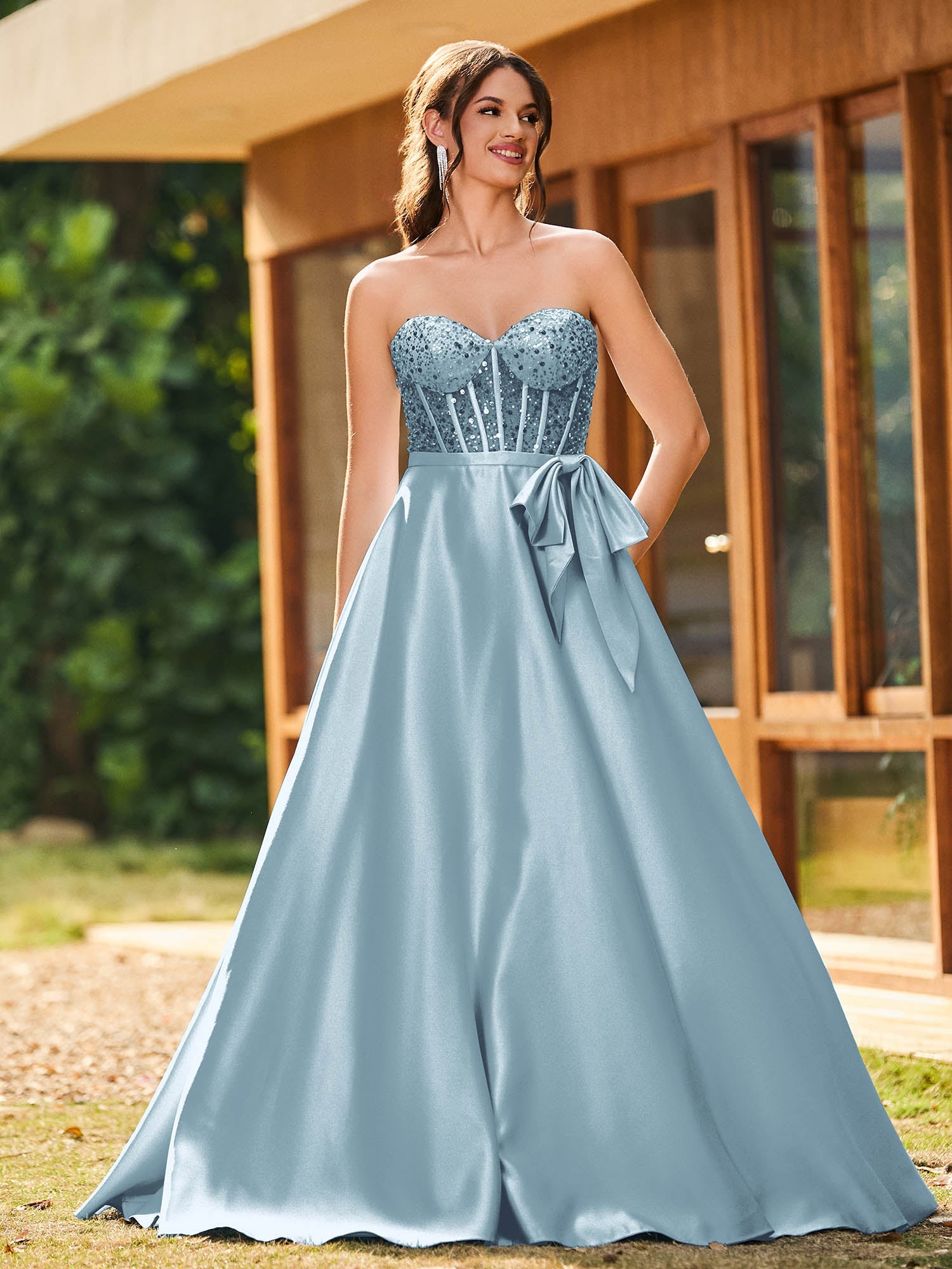 Elegant Diamand Corset Stretch Satin Maxi Dress Dusty Blue