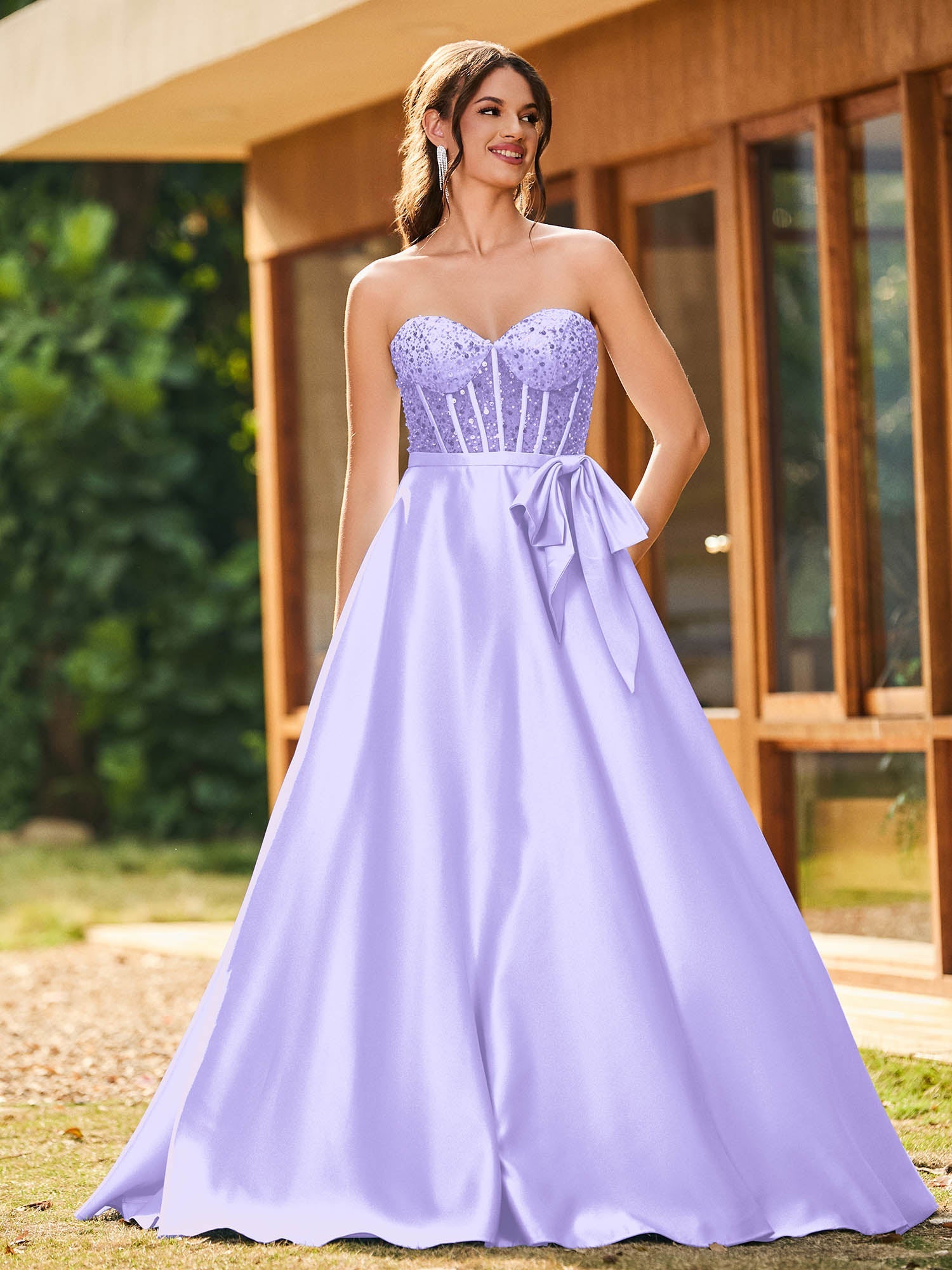 Gorgeous Strapless Sequin Corset Satin Maxi Dress Tahiti