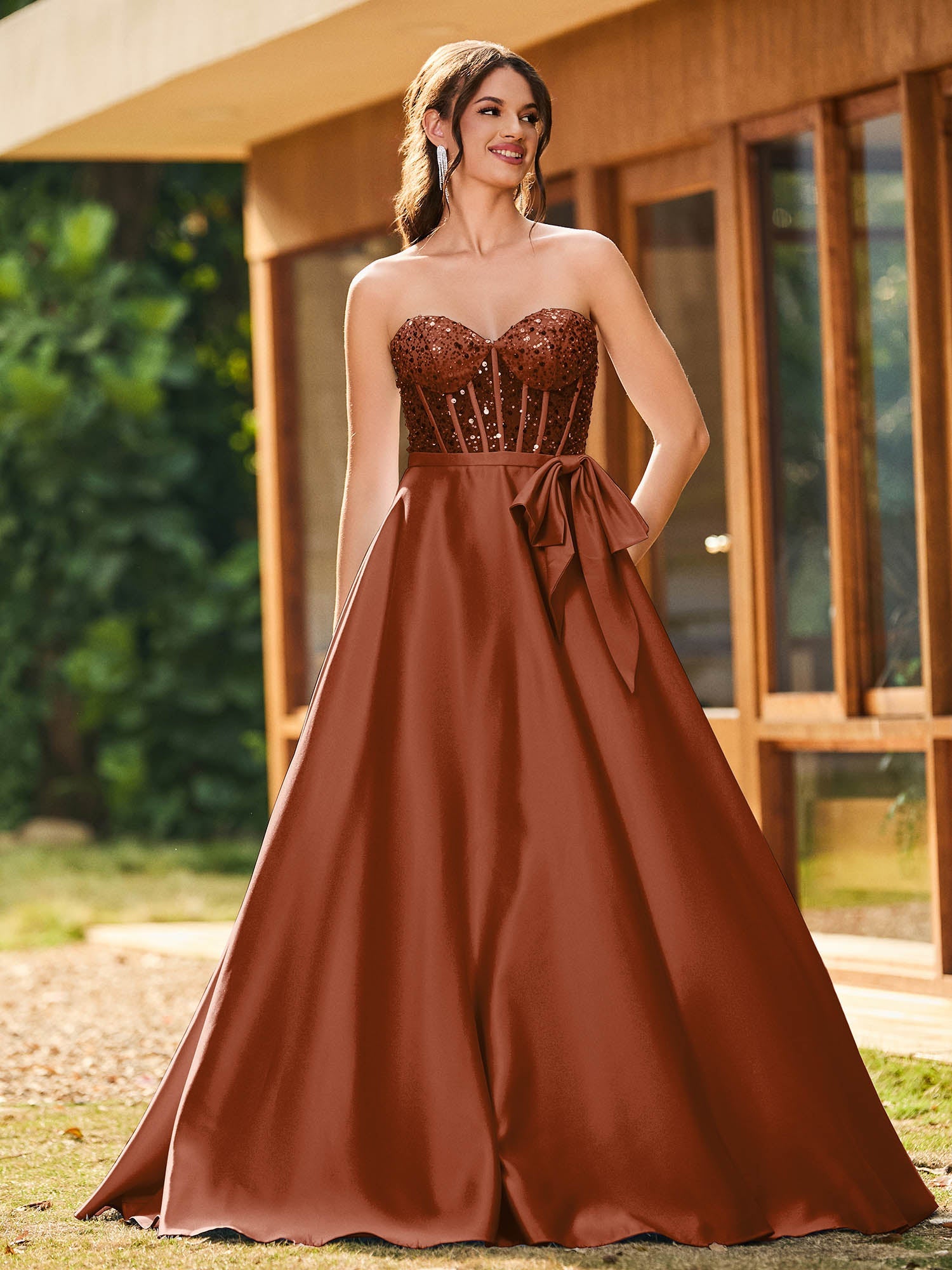 Gorgeous Strapless Sequin Corset Satin Maxi Dress Pearl Pink