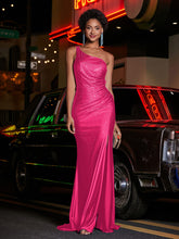 One Shoulder Jersey Gown With Slit Fuchsia