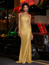 One Shoulder Jersey Gown With Slit Gold
