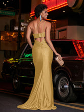 One Shoulder Jersey Gown With Slit Gold