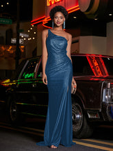 One Shoulder Jersey Gown With Slit Ink Blue