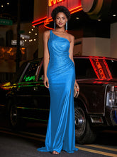 One Shoulder Jersey Gown With Slit Ocean Blue