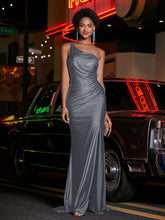 One Shoulder Jersey Gown With Slit Steel Grey