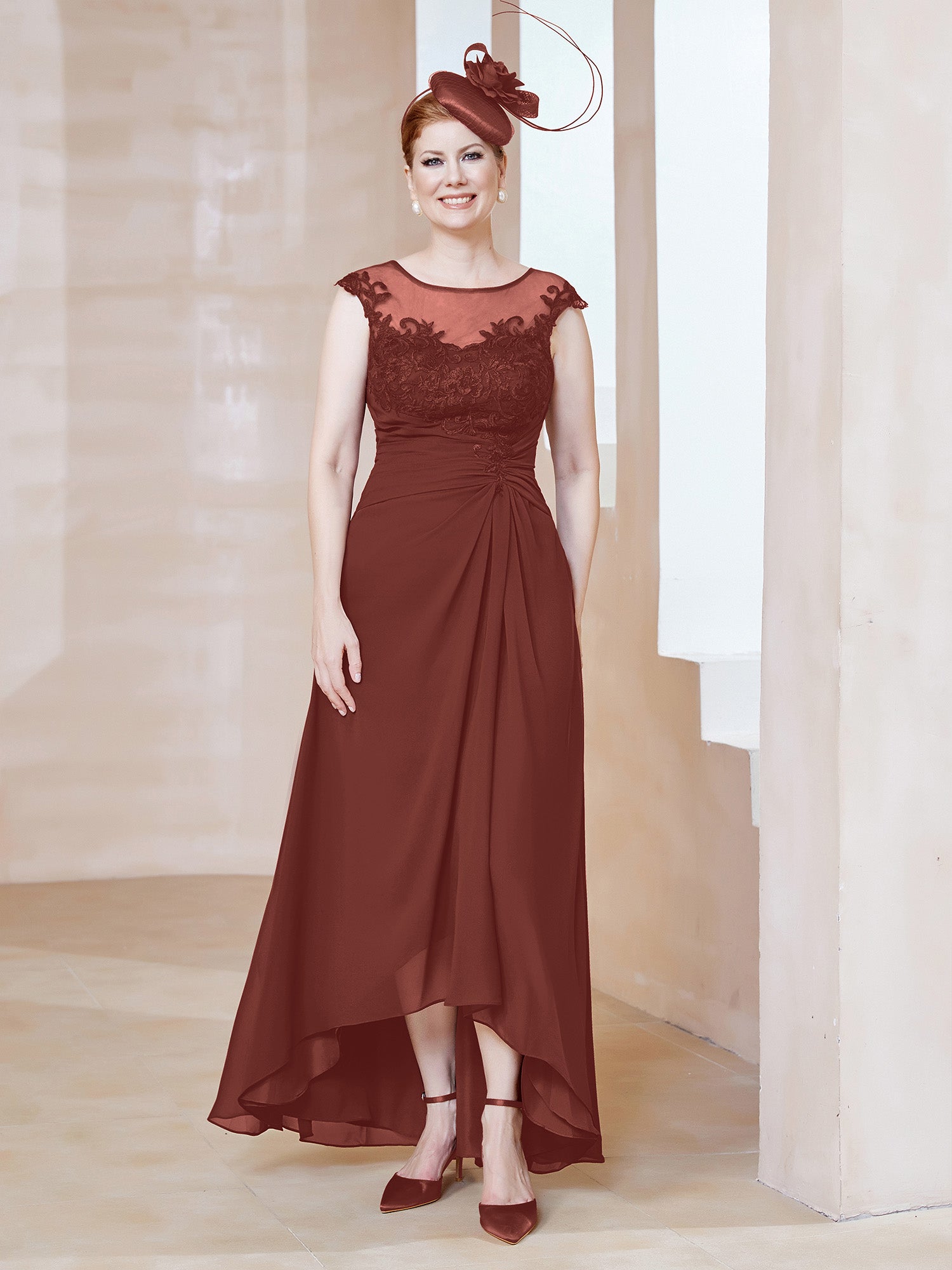Illusion Neckline Chiffon Dress With Lace Olive Green main image 1