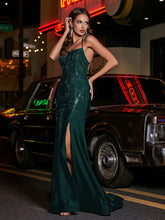 Spaghetti Straps Beaded Sheath Jersey Gown Dark Green