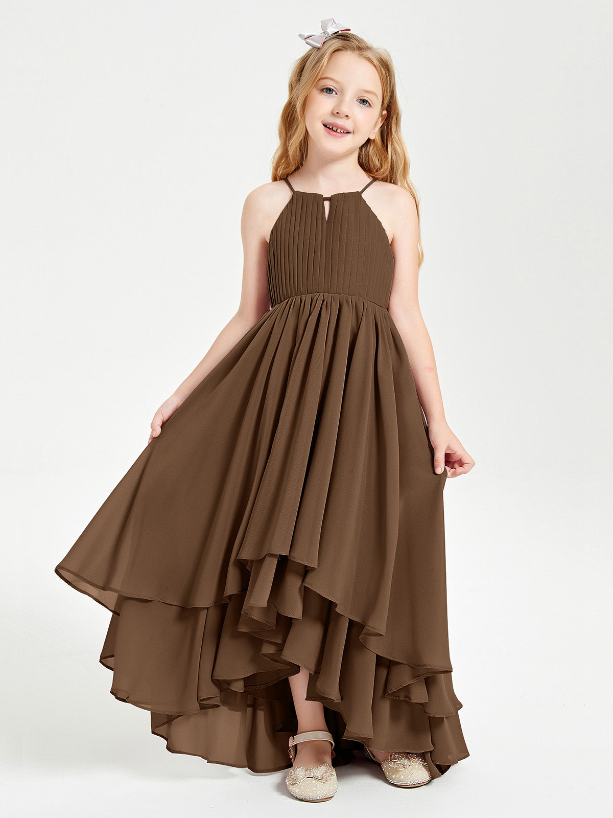 BABARONI Chiffon Brown Junior Bridesmaid Dresses A-line Halter Asymmetrical  Spaghetti Straps – BABARONI UK