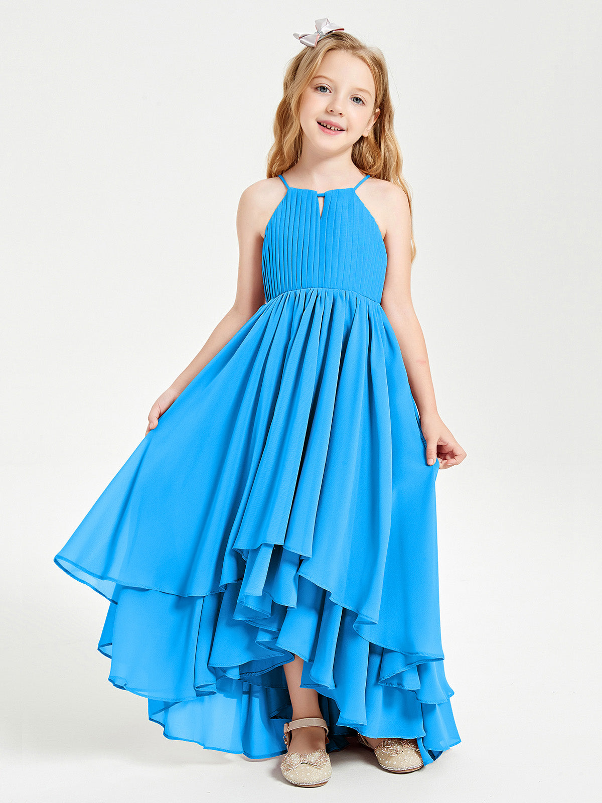 Off Shoulder Chiffon A-Line Junior Bridesmaid Dresses Ocean Blue