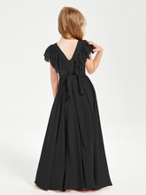 Chiffon Junior Bridesmaid Dresses with Lace Flutter Sleeves Black