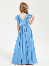 Chiffon Junior Bridesmaid Dresses with Lace Flutter Sleeves Blue