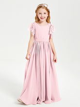 Chiffon Junior Bridesmaid Dresses with Lace Flutter Sleeves Blushing Pink