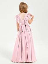 Chiffon Junior Bridesmaid Dresses with Lace Flutter Sleeves Blushing Pink