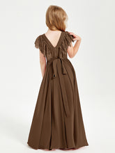 Chiffon Junior Bridesmaid Dresses with Lace Flutter Sleeves Brown