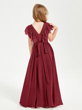 Chiffon Junior Bridesmaid Dresses with Lace Flutter Sleeves Burgundy