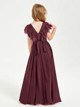 Chiffon Junior Bridesmaid Dresses with Lace Flutter Sleeves Cabernet
