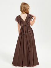 Chiffon Junior Bridesmaid Dresses with Lace Flutter Sleeves Chocolate