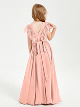 Chiffon Junior Bridesmaid Dresses with Lace Flutter Sleeves Coral