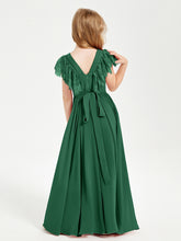 Chiffon Junior Bridesmaid Dresses with Lace Flutter Sleeves Dark Green