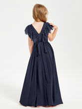 Chiffon Junior Bridesmaid Dresses with Lace Flutter Sleeves Dark Navy