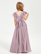 Chiffon Junior Bridesmaid Dresses with Lace Flutter Sleeves Dusk