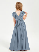 Chiffon Junior Bridesmaid Dresses with Lace Flutter Sleeves Dusty Blue
