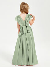 Chiffon Junior Bridesmaid Dresses with Lace Flutter Sleeves Dusty Sage