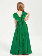 Chiffon Junior Bridesmaid Dresses with Lace Flutter Sleeves Emerald