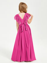 Chiffon Junior Bridesmaid Dresses with Lace Flutter Sleeves Fuchsia