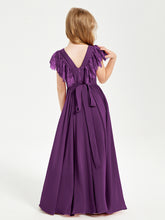Chiffon Junior Bridesmaid Dresses with Lace Flutter Sleeves Grape