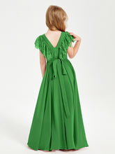 Chiffon Junior Bridesmaid Dresses with Lace Flutter Sleeves Green