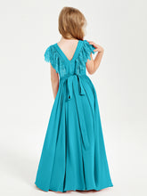 Chiffon Junior Bridesmaid Dresses with Lace Flutter Sleeves Jade
