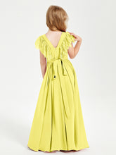 Chiffon Junior Bridesmaid Dresses with Lace Flutter Sleeves Lemon