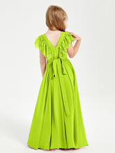 Chiffon Junior Bridesmaid Dresses with Lace Flutter Sleeves Lime Green
